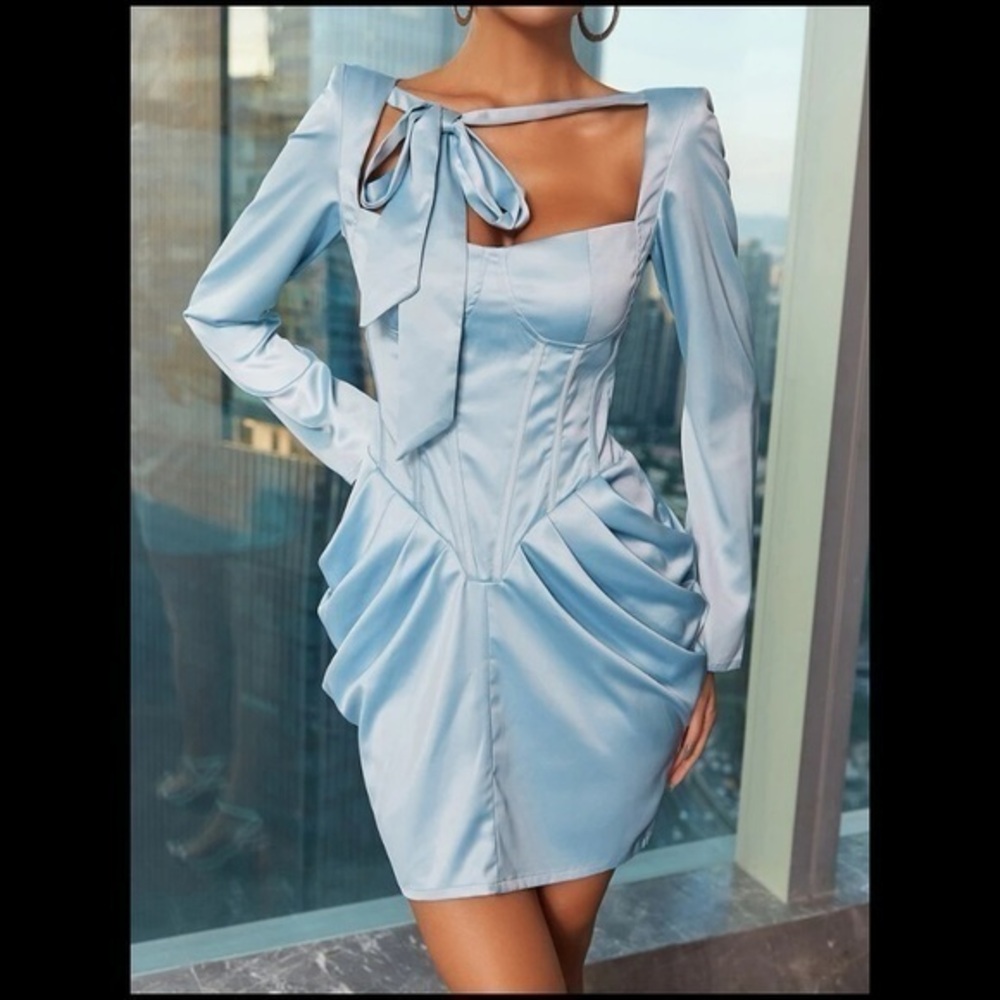 Blue Square Neck with Bow and Draped Side Satin Bodycon Dress - NWOT